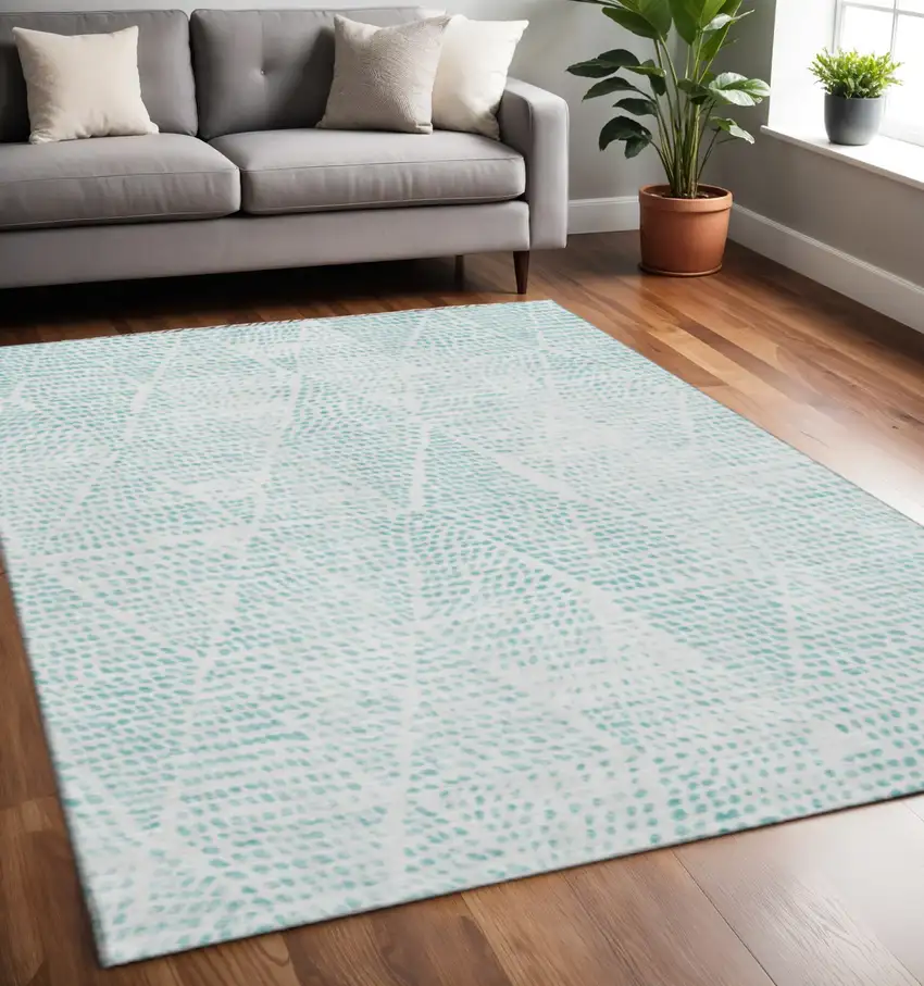 Aqua And Ivory Diamond Washable Area Rug With UV Protection Photo 2