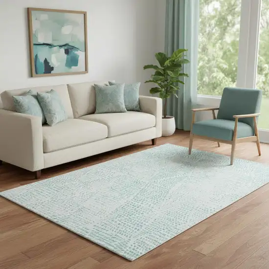 Aqua And Ivory Diamond Washable Area Rug With UV Protection Photo 1