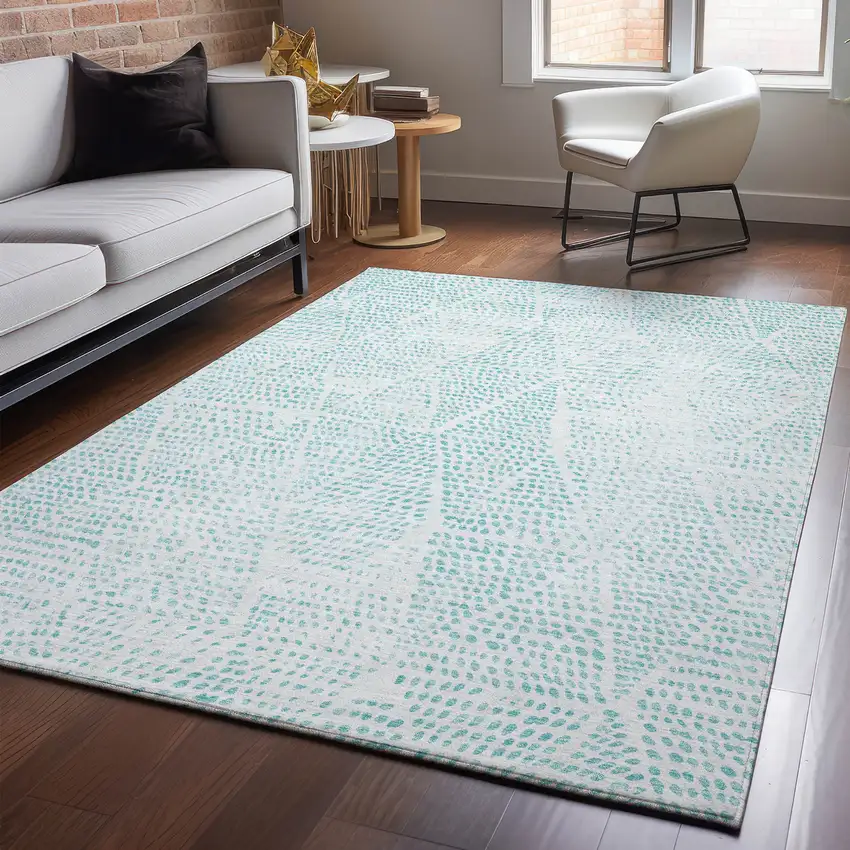 Aqua And Ivory Diamond Washable Area Rug With UV Protection Photo 4