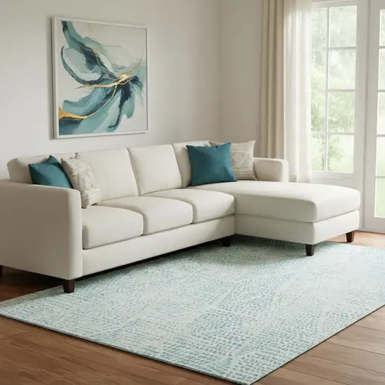 Aqua And Ivory Diamond Washable Area Rug With UV Protection Photo 1