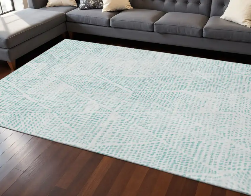 Aqua And Ivory Diamond Washable Area Rug With UV Protection Photo 2