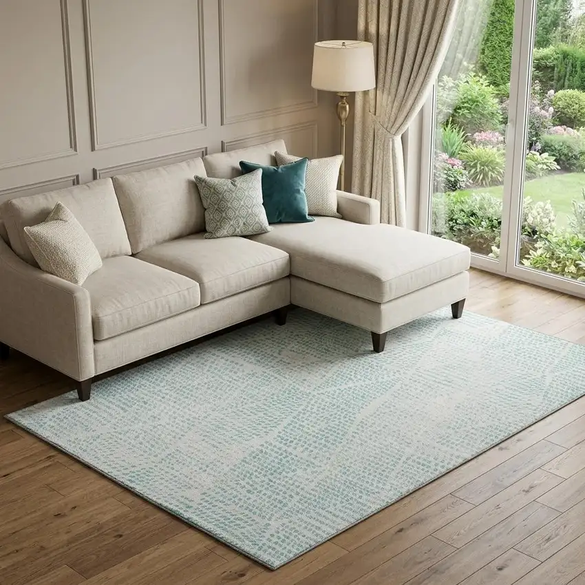 Aqua And Ivory Diamond Washable Area Rug With UV Protection Photo 1