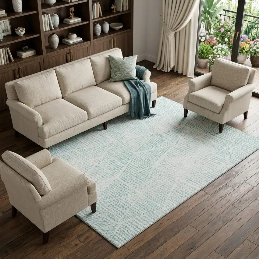 Aqua And Ivory Diamond Washable Area Rug With UV Protection Photo 1