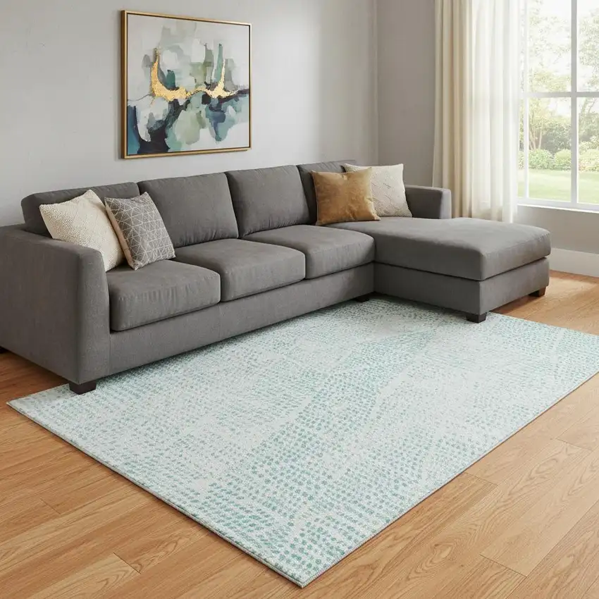 Aqua And Ivory Diamond Washable Area Rug With UV Protection Photo 1