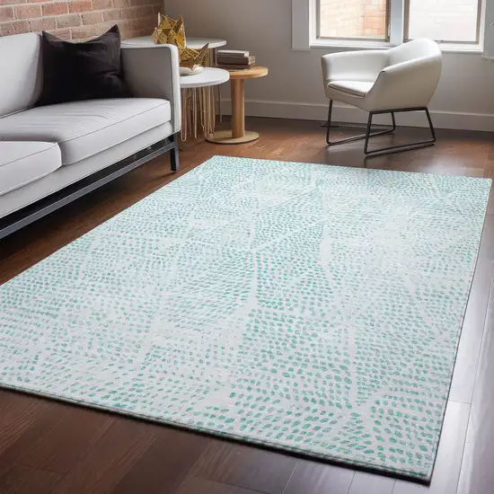 Aqua And Ivory Diamond Washable Area Rug With UV Protection Photo 5