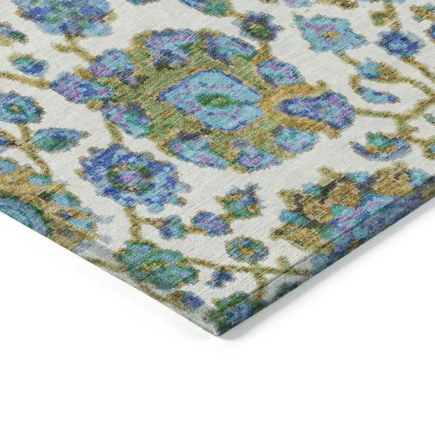 Aqua And Ivory Floral Medallion Washable Indoor Outdoor Area Rug Photo 5