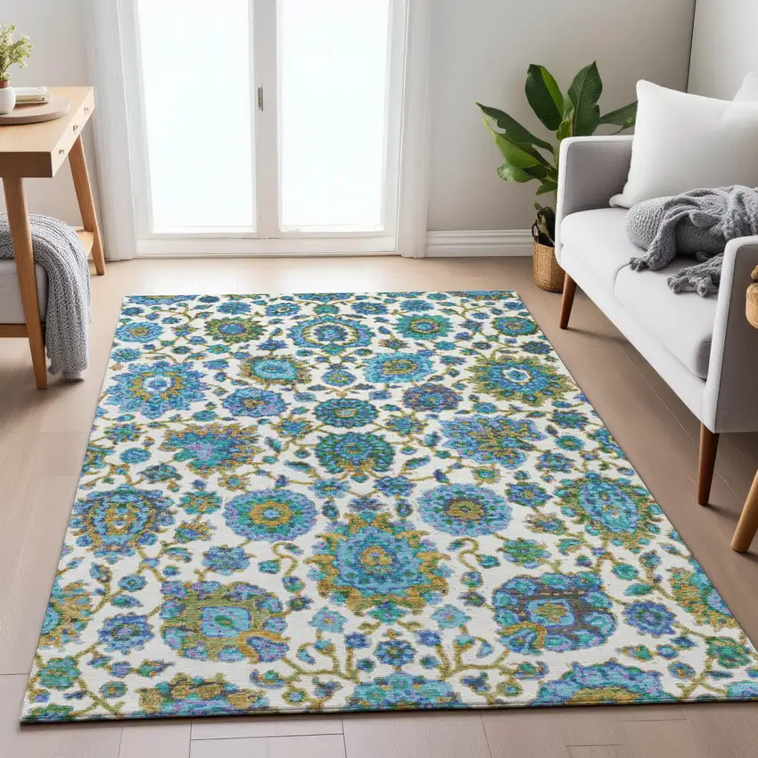 Aqua And Ivory Floral Medallion Washable Indoor Outdoor Area Rug Photo 8