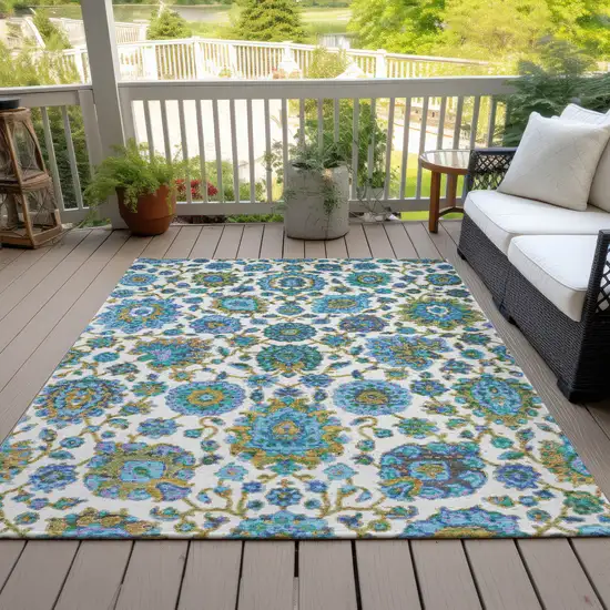 Aqua And Ivory Floral Medallion Washable Indoor Outdoor Area Rug Photo 7