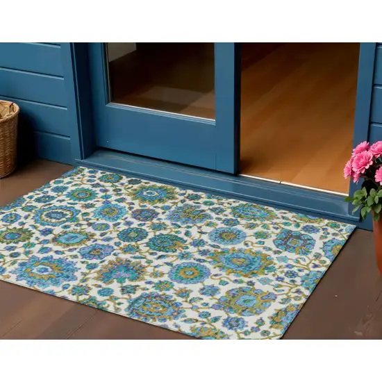 Aqua And Ivory Floral Medallion Washable Indoor Outdoor Area Rug Photo 2