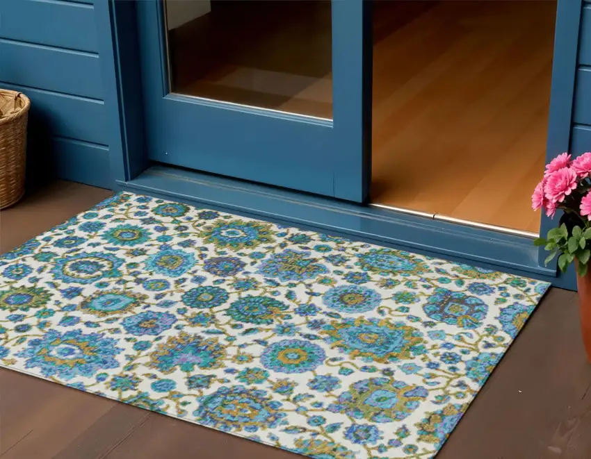 Aqua And Ivory Floral Medallion Washable Indoor Outdoor Area Rug Photo 2