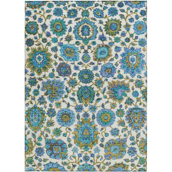 Aqua And Ivory Floral Medallion Washable Indoor Outdoor Area Rug Photo 3