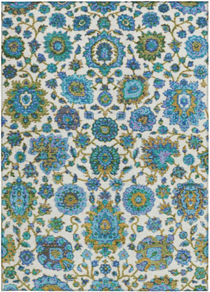 Aqua And Ivory Floral Medallion Washable Indoor Outdoor Area Rug Photo 3