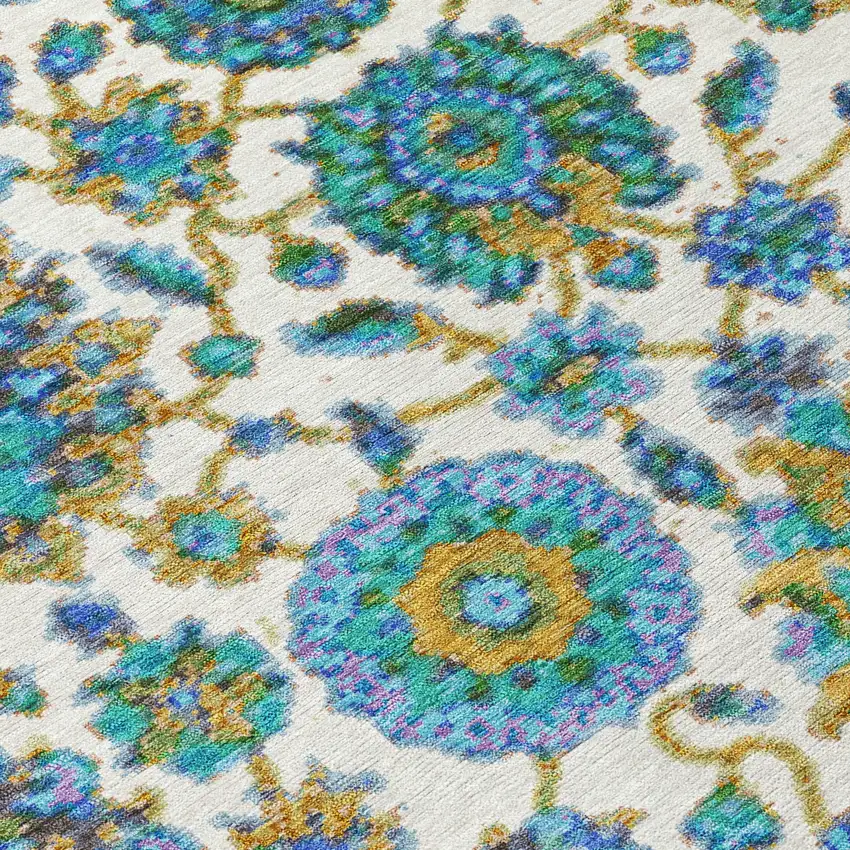 Aqua And Ivory Floral Medallion Washable Indoor Outdoor Area Rug Photo 6