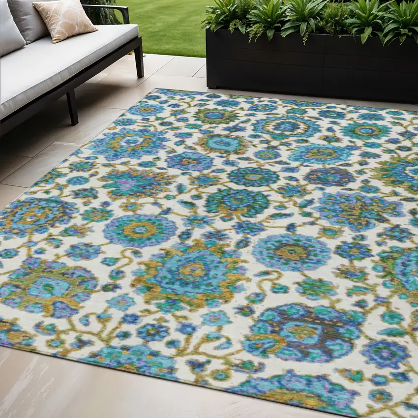 Aqua And Ivory Floral Medallion Washable Indoor Outdoor Area Rug Photo 2