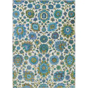 Photo of Aqua And Ivory Floral Medallion Washable Indoor Outdoor Area Rug
