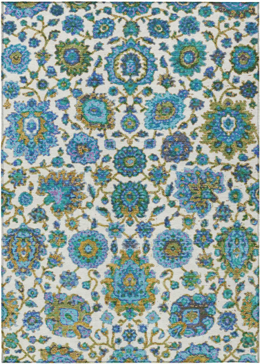 Aqua And Ivory Floral Medallion Washable Indoor Outdoor Area Rug Photo 1