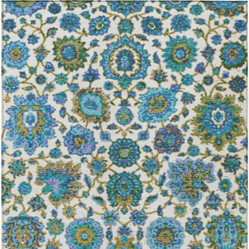 Aqua And Ivory Floral Medallion Washable Indoor Outdoor Area Rug Photo 4