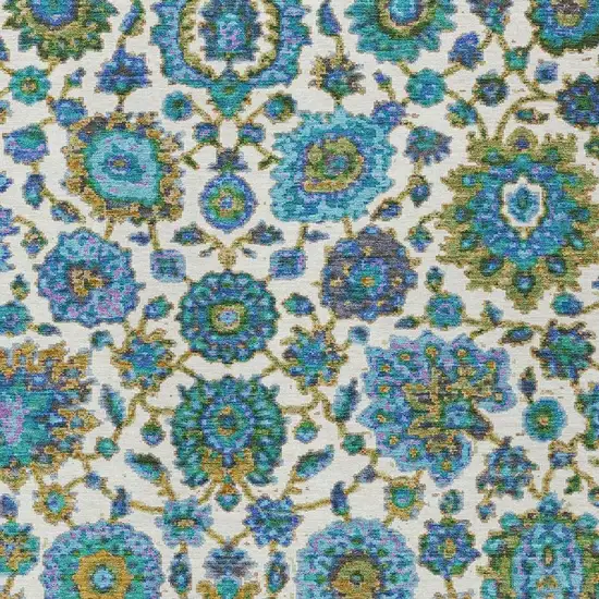 Aqua And Ivory Floral Medallion Washable Indoor Outdoor Area Rug Photo 4