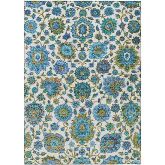 Aqua And Ivory Floral Medallion Washable Indoor Outdoor Area Rug Photo 1