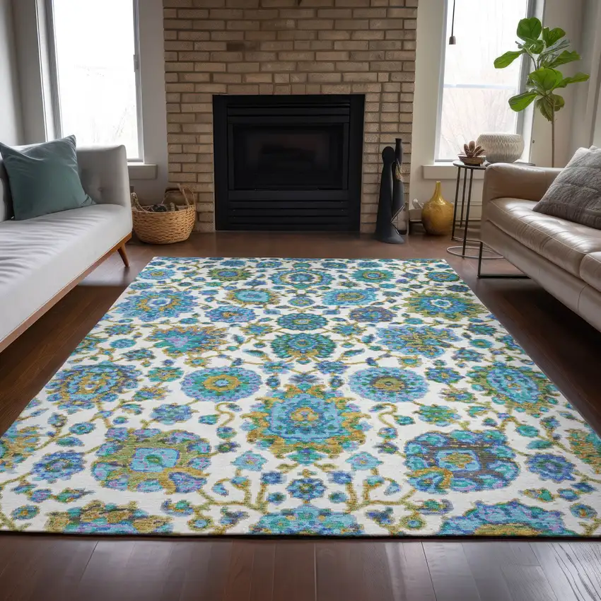 Aqua And Ivory Floral Medallion Washable Indoor Outdoor Area Rug Photo 9