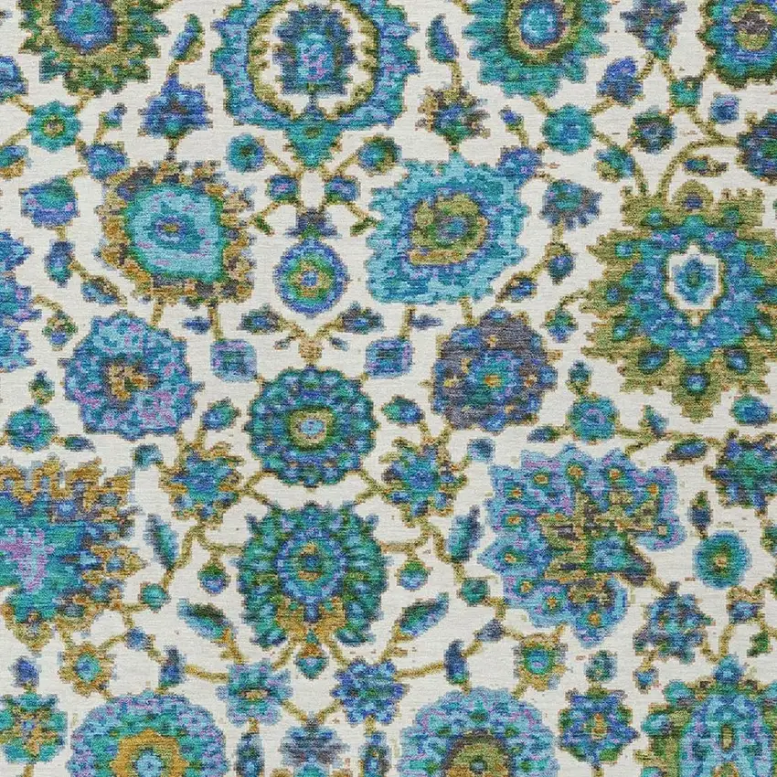 Aqua And Ivory Floral Medallion Washable Indoor Outdoor Area Rug Photo 4