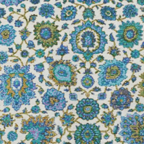 Aqua And Ivory Floral Medallion Washable Indoor Outdoor Area Rug Photo 4