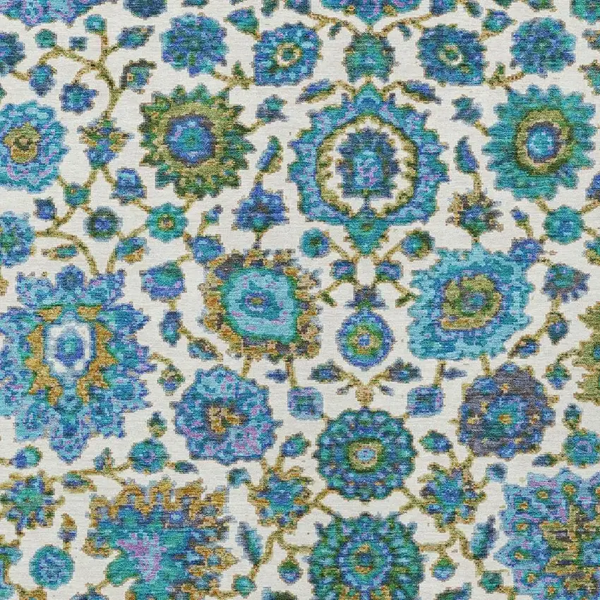 Aqua And Ivory Floral Medallion Washable Indoor Outdoor Area Rug Photo 4