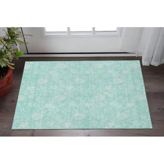 Aqua And Ivory Floral Washable Area Rug With UV Protection Photo 2