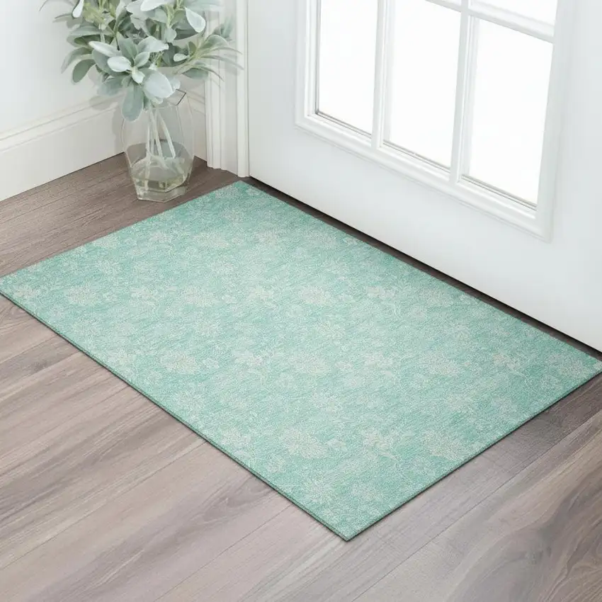 Aqua And Ivory Floral Washable Area Rug With UV Protection Photo 1