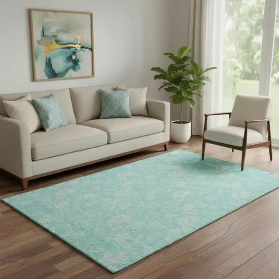 Aqua And Ivory Floral Washable Area Rug With UV Protection Photo 1