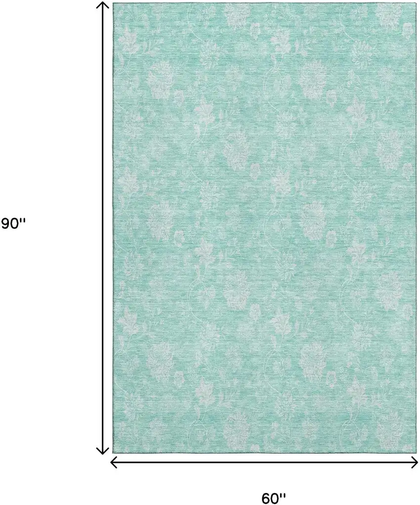 Aqua And Ivory Floral Washable Area Rug With UV Protection Photo 4