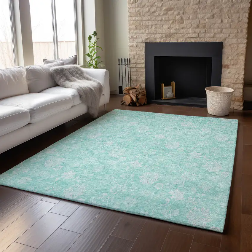 Aqua And Ivory Floral Washable Area Rug With UV Protection Photo 5