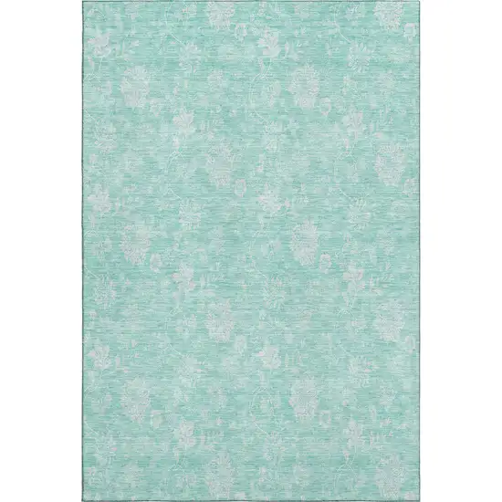 Aqua And Ivory Floral Washable Area Rug With UV Protection Photo 2