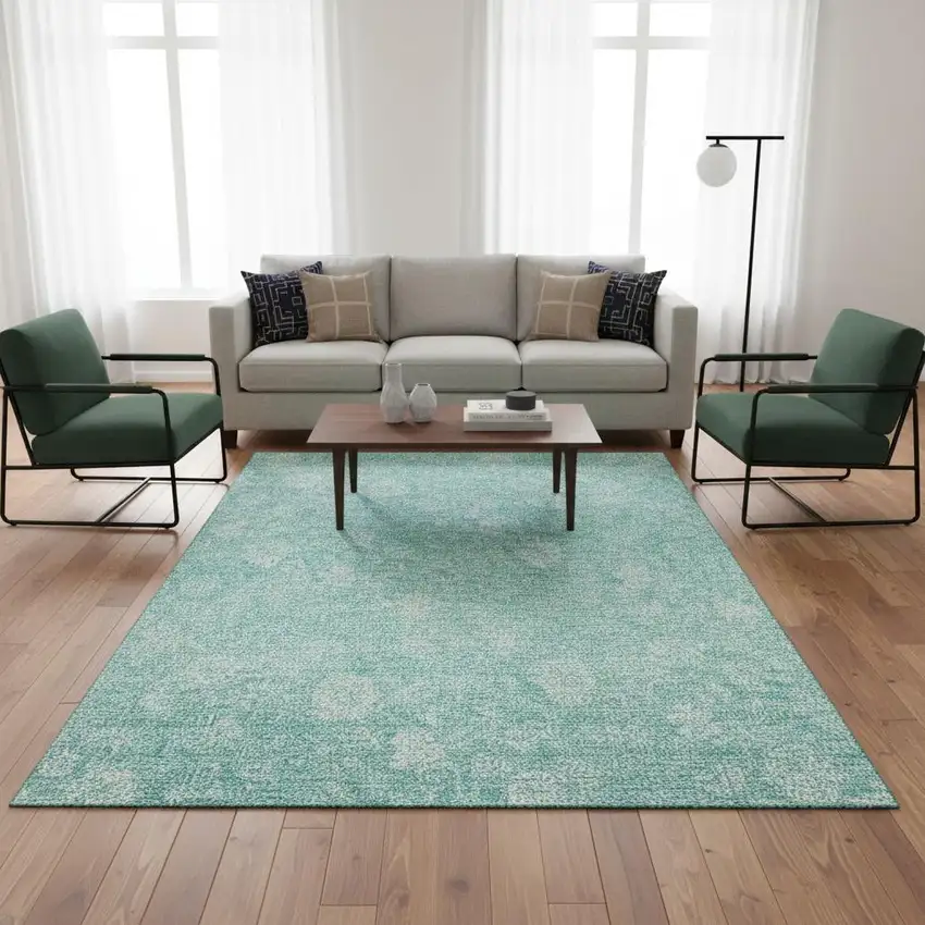 Aqua And Ivory Floral Washable Area Rug With UV Protection Photo 3