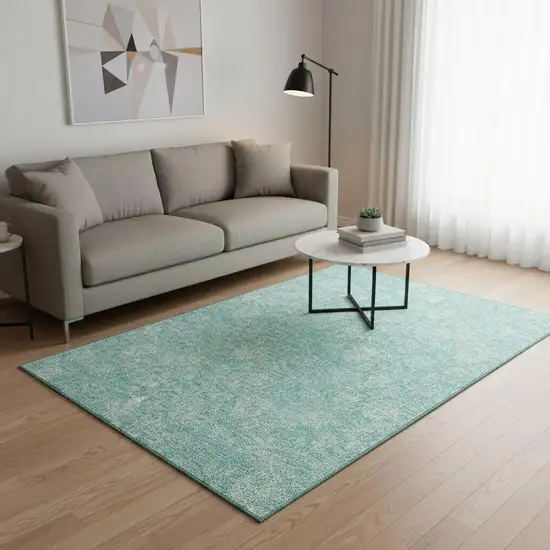 Aqua And Ivory Floral Washable Area Rug With UV Protection Photo 1