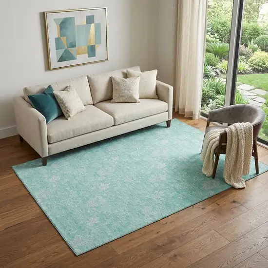 Aqua And Ivory Floral Washable Area Rug With UV Protection Photo 1