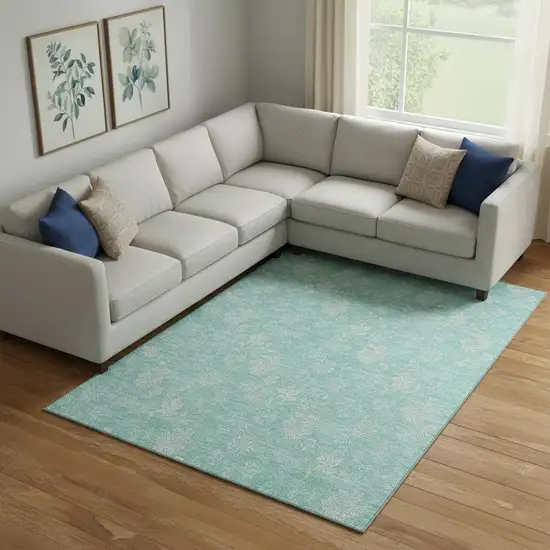 Aqua And Ivory Floral Washable Area Rug With UV Protection Photo 1