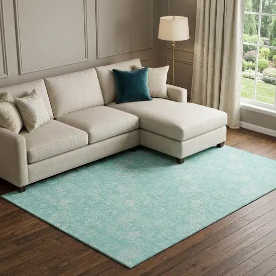 Aqua And Ivory Floral Washable Area Rug With UV Protection Photo 1