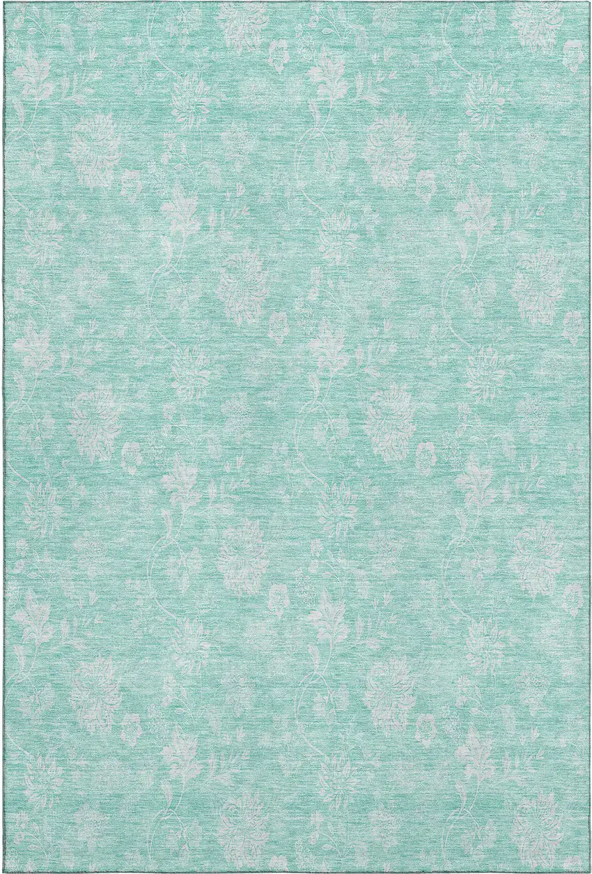 Aqua And Ivory Floral Washable Area Rug With UV Protection Photo 1