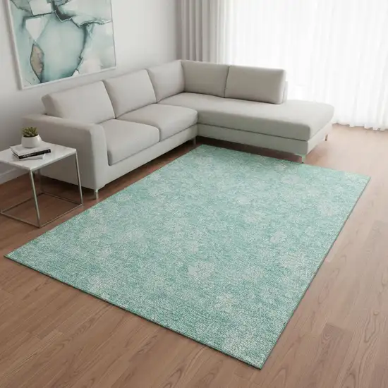 Aqua And Ivory Floral Washable Area Rug With UV Protection Photo 3
