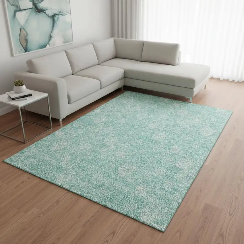 Aqua And Ivory Floral Washable Area Rug With UV Protection Photo 3