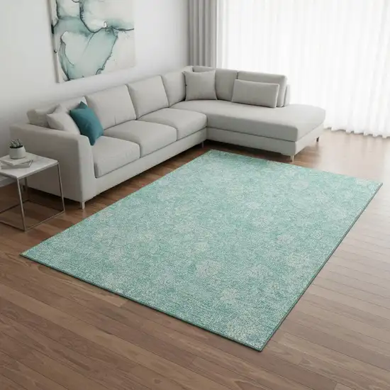 Aqua And Ivory Floral Washable Area Rug With UV Protection Photo 2
