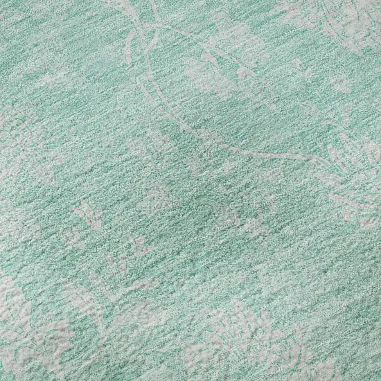 Aqua And Ivory Floral Washable Area Rug With UV Protection Photo 9