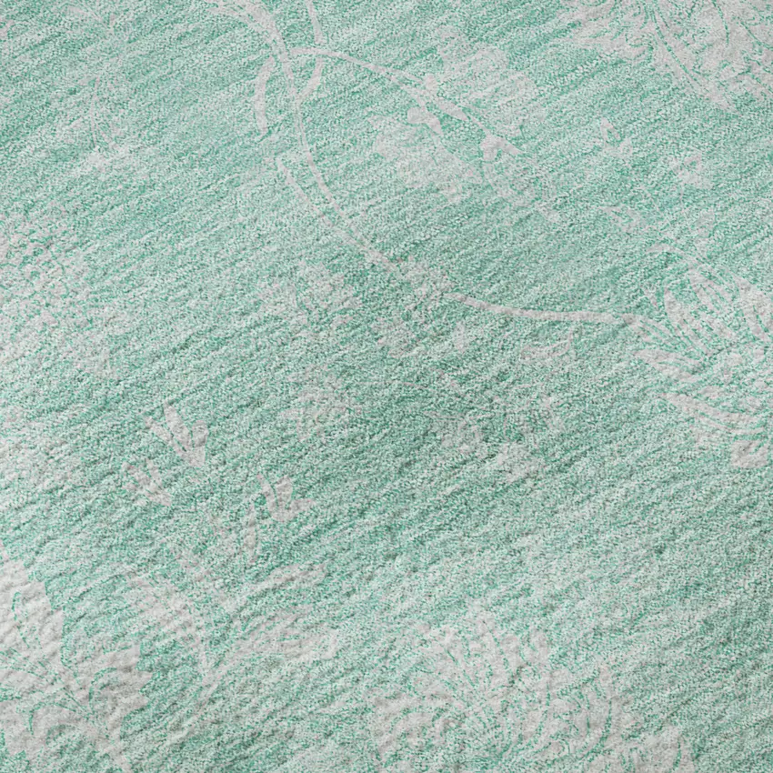 Aqua And Ivory Floral Washable Area Rug With UV Protection Photo 9