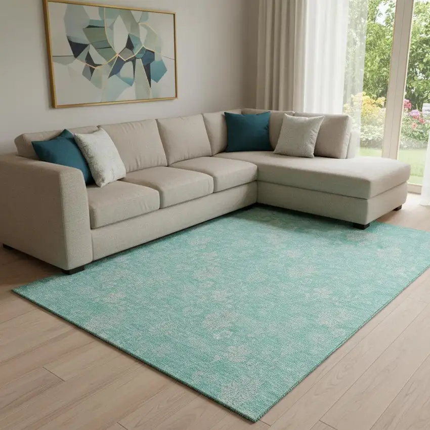 Aqua And Ivory Floral Washable Area Rug With UV Protection Photo 1