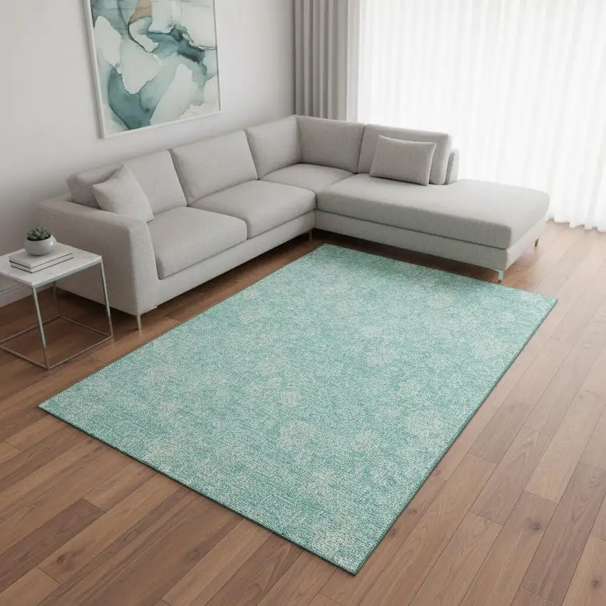 Aqua And Ivory Floral Washable Area Rug With UV Protection Photo 3