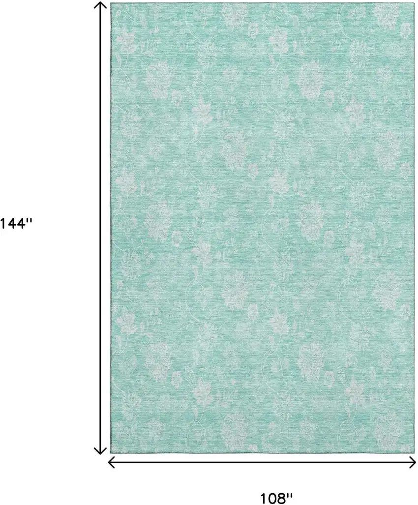 Aqua And Ivory Floral Washable Area Rug With UV Protection Photo 6