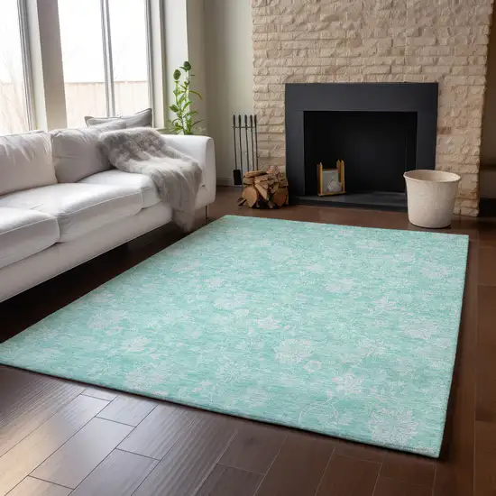 Aqua And Ivory Floral Washable Area Rug With UV Protection Photo 4