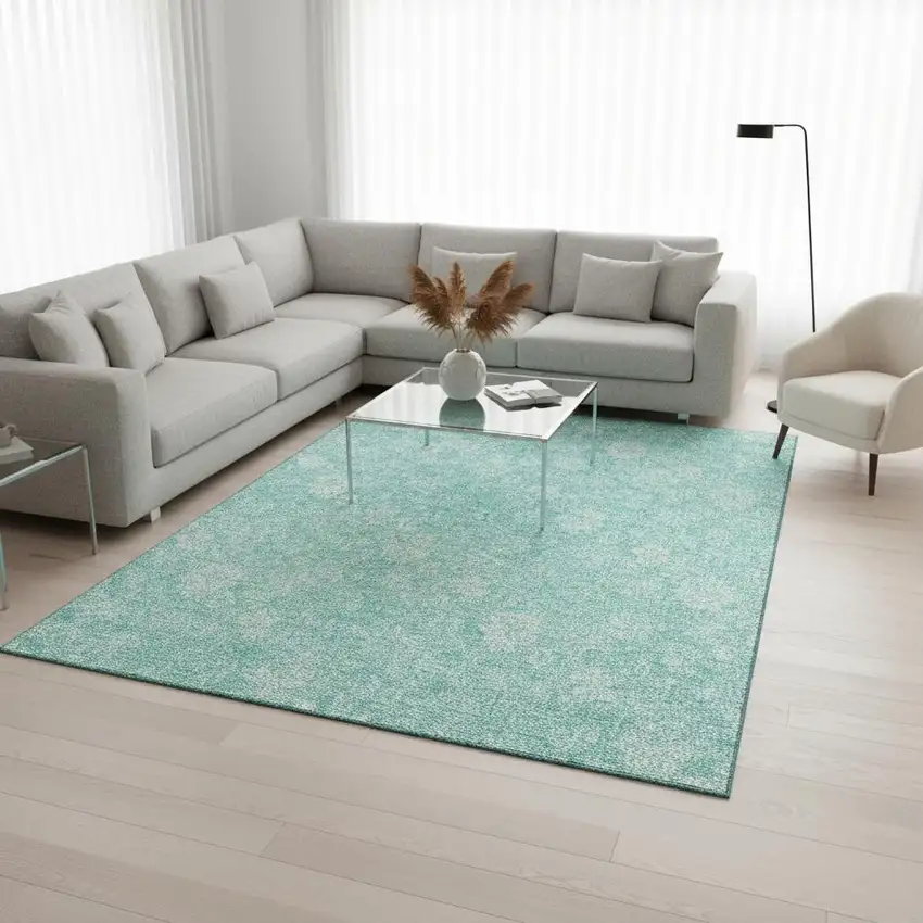 Aqua And Ivory Floral Washable Area Rug With UV Protection Photo 2