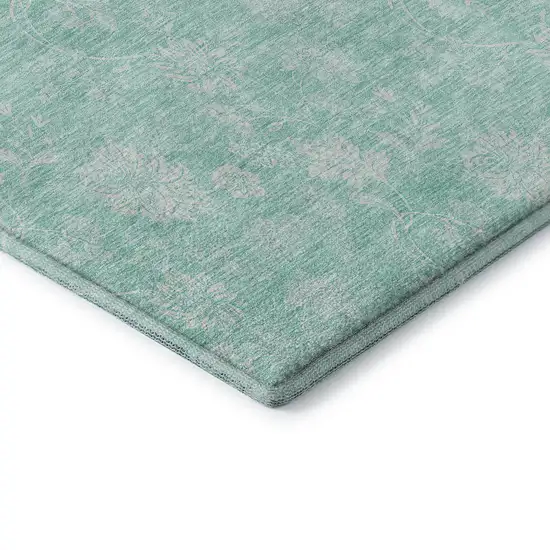 Aqua And Ivory Floral Washable Area Rug With UV Protection Photo 7